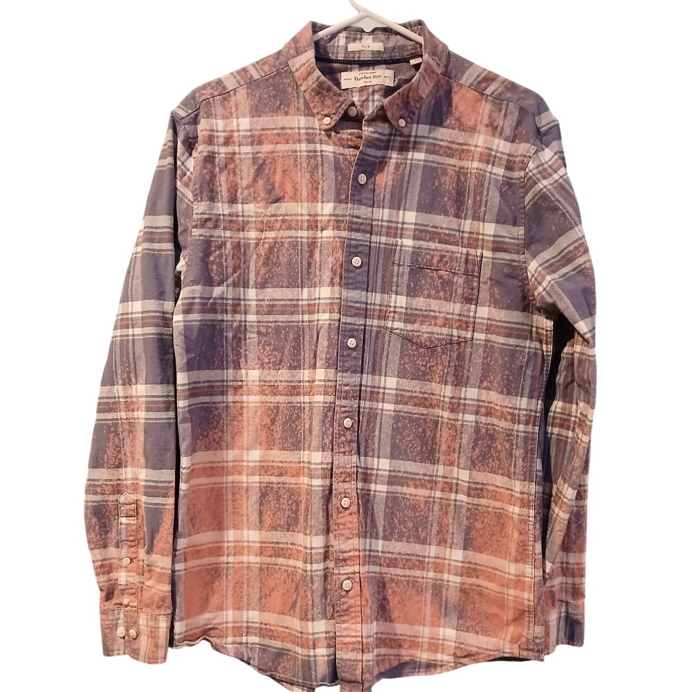Hawker Rye Mens Slim Fit Bleached Plaid Stretch Oxford Button Down Shirt Blue L